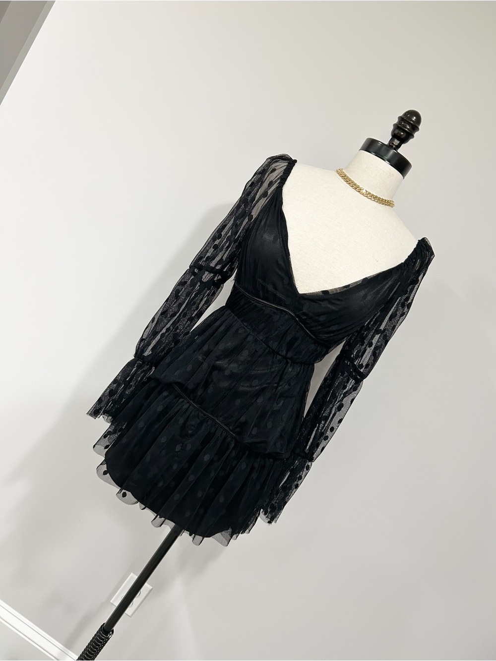 ASOS Black V-Neck Tiered Mini Dress with Sheer Dot Sleeves